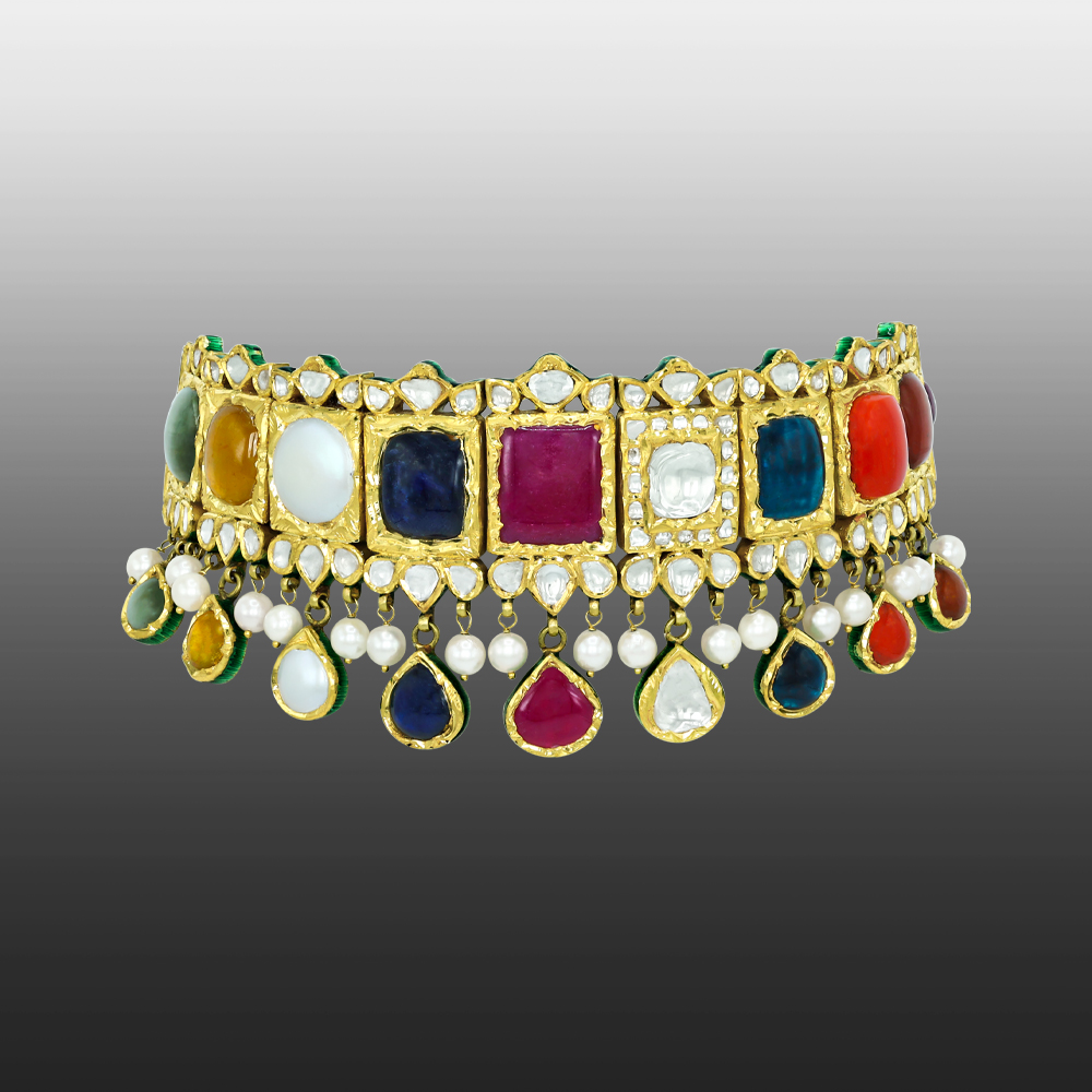 Navratan Choker with Polki and Pearl Drops